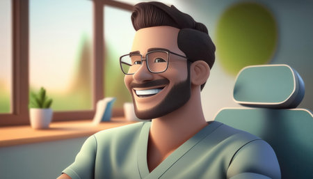 A friendly dental professional engages with a patient in a modern office atmosphere.の素材