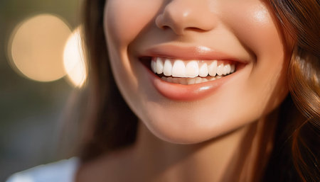 A young woman showcases her dazzling smile, reflecting confidence and dental care excellence.の素材