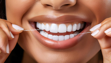 Demonstrating the importance of daily flossing for maintaining dental health and a radiant smile.の素材