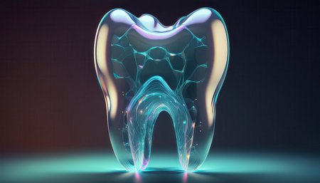 A vibrant digital illustration of a stylized tooth representing dental care.の素材