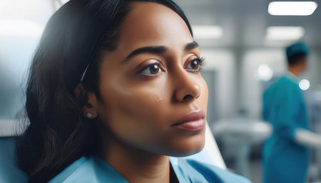 woman in a dental clinic contemplates treatment under the guidance of professionals.の素材