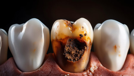 A decayed tooth among healthy ones highlights the need for regular dental check ups.の素材