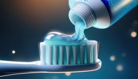 Toothpaste is being squeezed onto a toothbrush, highlighting essential dental care habits.の素材