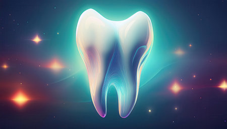 An artistic tooth against a celestial backdrop, emphasizing the importance of oral care.の素材