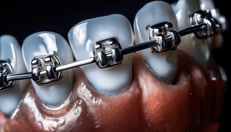 Close up of orthodontic braces on teeth, showcasing advanced dental care technology.の素材