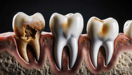 A close up highlights the contrast between healthy teeth and decayed ones, stressing dental health.の素材