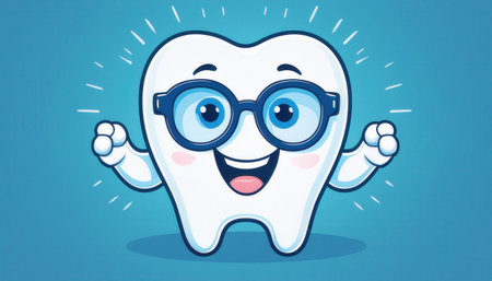 A smiling tooth character wearing glasses encourages good dental hygiene practices and care.の素材