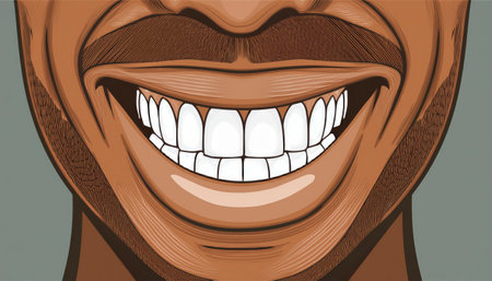 Bright white teeth gleam in a cheerful expression, emphasizing dental health and hygiene.の素材