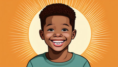 Brightly depicted child with a radiant smile promotes dental care and stomatology.の素材