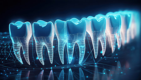A futuristic illustration highlights glowing teeth, promoting dental health and hygiene.の素材