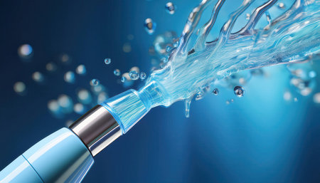 A high tech dental tool creates a fine water mist, demonstrating advanced stomatology techniques.の素材