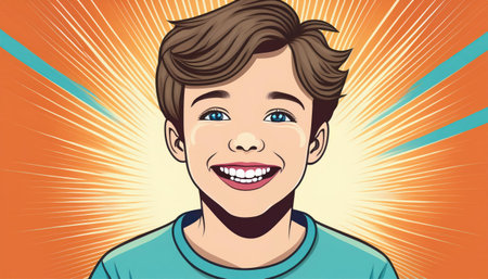 A cheerful young boy displays a bright smile, promoting dental health awareness.の素材
