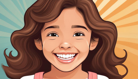 A joyful child with a radiant smile emphasizes the importance of dental hygiene and care.の素材