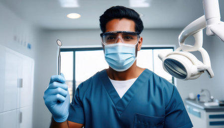 A focused clinician in scrubs and protective gear holds dental tools ready for a patient.の素材