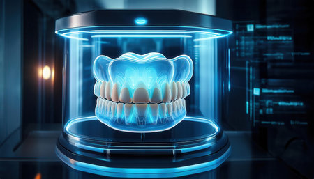 A dental model in a futuristic lab highlights advanced stomatology concepts.の素材