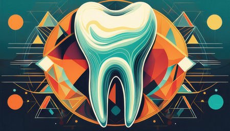 Illustration showcases a stylized dental tooth design surrounded by colorful geometric shapes.の素材