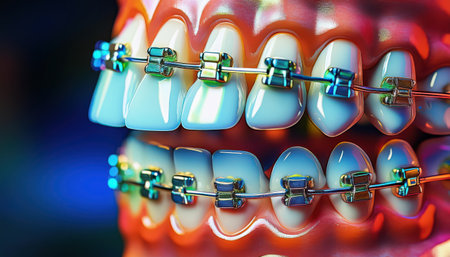 Colorful dental illustration shows braces and aligned teeth, highlighting orthodontic services.の素材