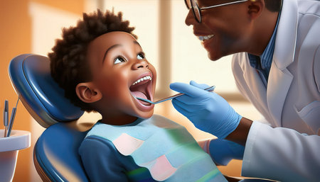 A young child enjoys a friendly dental check-up with a compassionate dentist.の素材