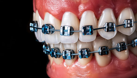Detailed view of braces affixed to a dental model, displaying the precision of orthodontic care.の素材