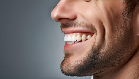 A bright smile shows well maintained teeth and good dental hygiene practices.の素材
