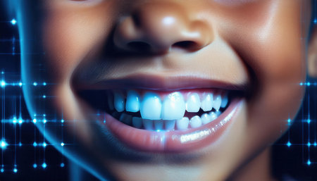A joyful child displays a beautiful smile, highlighting teeth health and dental care importance.の素材