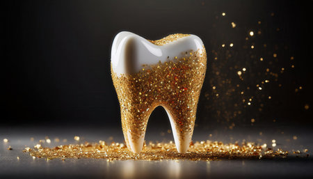 A dazzling tooth covered in golden glitter reflects the innovation in dentistry practices today.の素材
