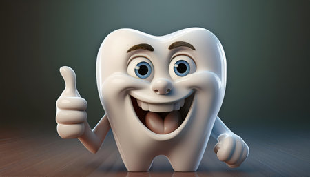 A happy tooth character gives a thumbs up, encouraging good dental hygiene practices for all ages.の素材