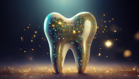 A shiny tooth shines bright, surrounded by sparkles, symbolizing dental health.の素材