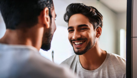 A young man stands in front of a mirror, showcasing a bright smile as he brushes his teeth.の素材