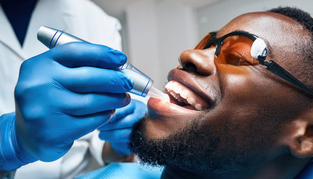 A dentist uses a modern tool on a smiling patient, showcasing care in a bright dental clinic.の素材
