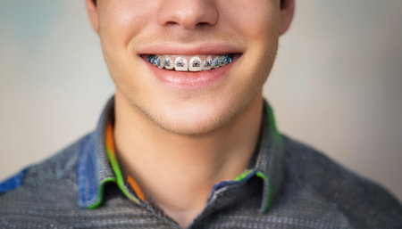 A cheerful teen proudly displays his braces in a bright and welcoming dental environment.の素材