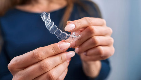 A person holds clear aligners, emphasizing modern dentistry practices in a stylish clinic.の素材