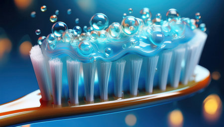 Colorful toothbrush with foamy bubbles showcases the importance of oral hygiene activities for all.の素材