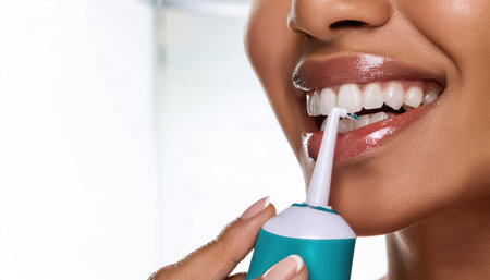 Close up view of a person using a water flosser for dental hygiene, showcasing perfect teeth care.の素材