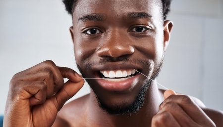 Engaging in daily flossing routine to maintain a bright smile and healthy gums at home.の素材
