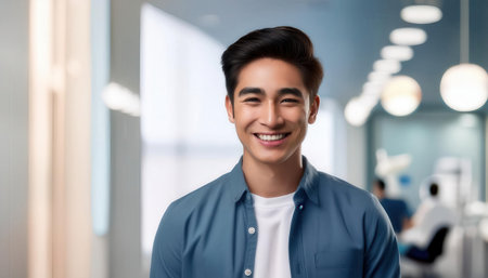 A cheerful young man with a bright smile engages with viewers in a modern dental clinic atmosphere.の素材
