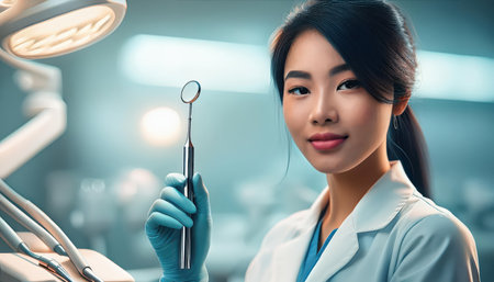 Dentist confidently holds a dental tool, ready to provide care in a contemporary clinic setting.の素材