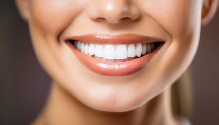A radiant smile highlights the results of expert dental care in a contemporary setting.の素材
