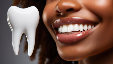 A woman showcases her bright smile next to a large tooth model, emphasizing oral health.の素材