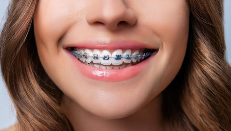 Patient displays a bright smile featuring orthodontic braces, highlighting dental health.の素材