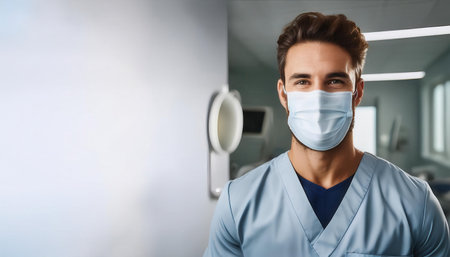 A confident dental expert wearing a mask stands in a contemporary clinic, ready to assist patients.の素材
