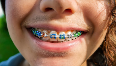 A joyful young person displays vibrant braces while enjoying a day outdoors in the park.の素材