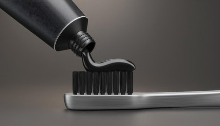 A sleek black toothpaste tube dispenses a unique formula onto a chic toothbrush.の素材