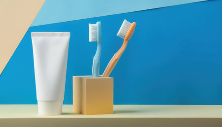 Two colorful toothbrushes and toothpaste stand out on a vibrant dental care background.の素材