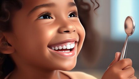A joyful child showcases her healthy teeth while holding a dental tool, embodying positivity.の素材
