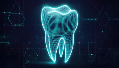 A glowing, grid-like tooth design showcases advancements in dental technology.の素材