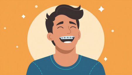 A cheerful young boy displays his braces while enjoying a bright moment of dental care.の素材