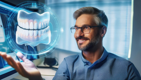 Expert in stomatology showcases advanced dental imaging technology for patient care.の素材