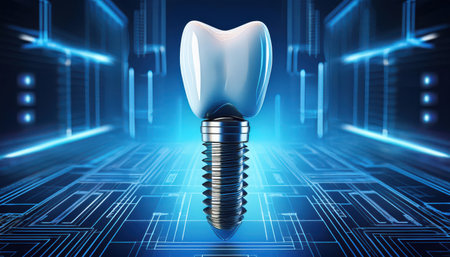 Cutting-edge dental implant design stands out in a high-tech environment, illustrating advancement.の素材