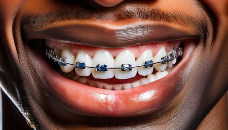 Carefully designed braces enhance the bright smile of an african american patient during a dental consultation.の素材